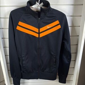 Vintage Y2K Nike Men's Navy Track Jacket with Orange Stripes
